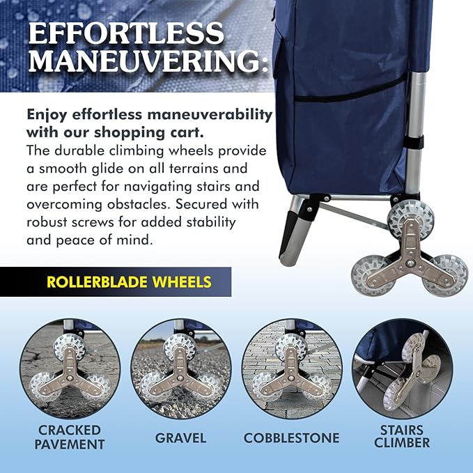 Ultra-Lightweight Stair Climber Cart for Groceries & Laundry, Durable 6-Wheel Folding Shopping Cart with Insulated Bag, Blue