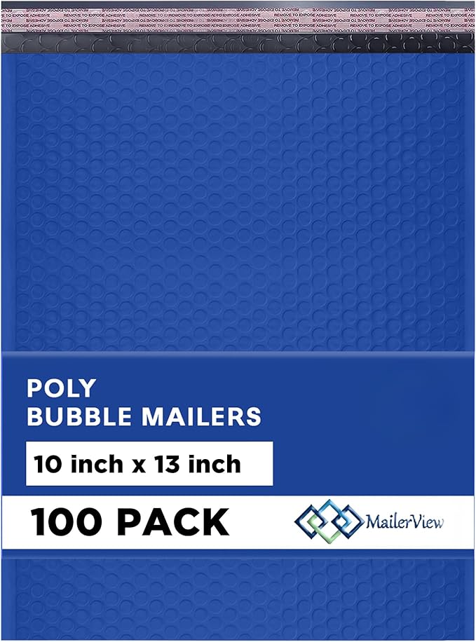 Royal Blue 10x13 Inch Poly Bubble Mailers |Self Seal Padded Envelopes for Thick books | Cushioned Bubble Mailer | Usable Size 9.5x13 Inch | Waterproof Lightweight Mailing Shipping Bags | 100 Pack Bulk