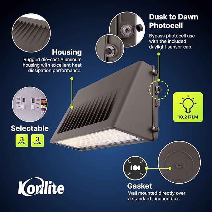 Konlite - 90W/63W/45W Full-Cutoff LED Wall Pack Lights, Selectable Wattage & CCT (5000K/4000K/3000K), LED Wall Light, Energy Efficient, Durable, Outdoor Commercial Wall Pack Light, 14,900LM