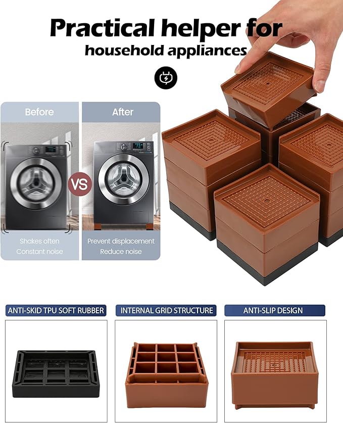 Furniture Risers, Tclouda Bed/Sofa/Desk/Table/Chair Leg/Fridge Lifts to 1.5, 3 and 4 in, Square Adjustable Risers Blocks for Extenders, Heavy Duty Supports Up to 1300 Lbs, 1.5 in-Brown-Square