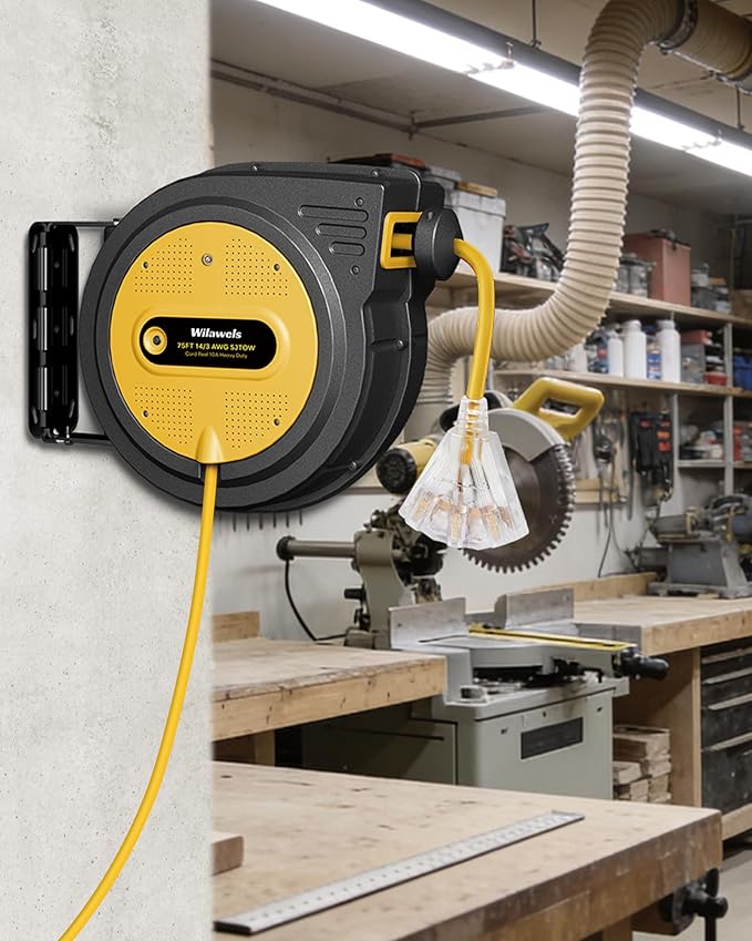 75 FT Retractable Extension Cord Reel, Heavy Duty Power Cord, 14AWG/3C SJTOW, 3 Grounded Outlets Lighted Triple Tap, 10A Circuit Breaker, Wall/Ceiling Mounted, ETL Listed, Yellow Y75ACR06