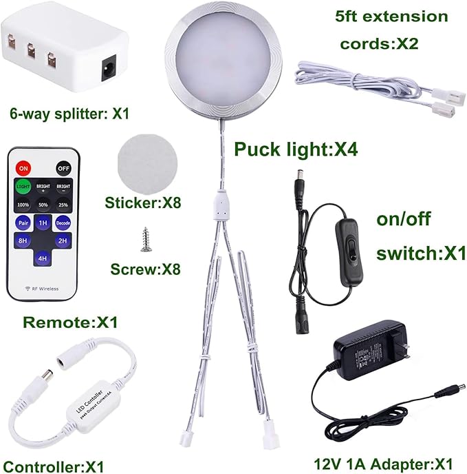 AIBOO Linkable LED Under Cabinet Lights 12V Slim Aluminum Dimmable Puck Lights with RF Remote Control & ETL Listed Power Adapter for Accent Display Lighting (4 Lights, Warm White)