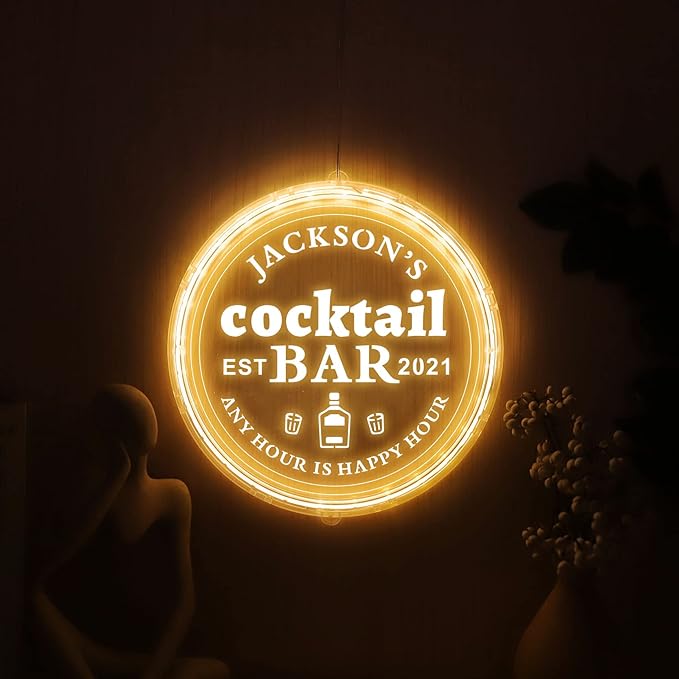 Custom Round Personalized Acrylic Bar Sign - Led, Man Cave Light Up Sign for Home Bar, Shop, or Store Decor