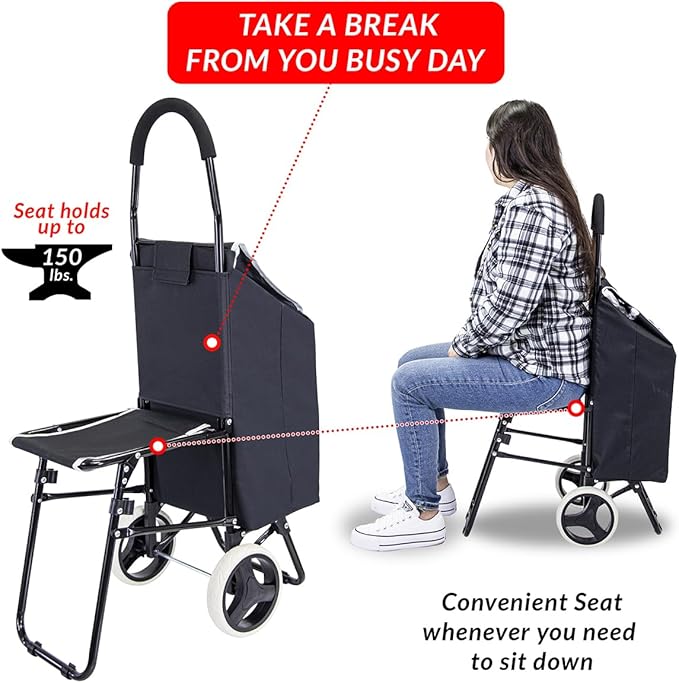 dbest Products Trolley Dolly Sport with Chair – Foldable Grocery Cart on Wheels – Multi Use Rolling Cart with Built-in Seat, Removable Bag, and Hand Truck Dolly Function, Black