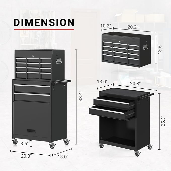 6-Drawer Tool Chest, Rolling Tool Storage Cabinet with Enhanced Packaging, Detachable Top Tool Box, Liners,Tray Divider, Metal Tool Cart for Workshop Garage, Black