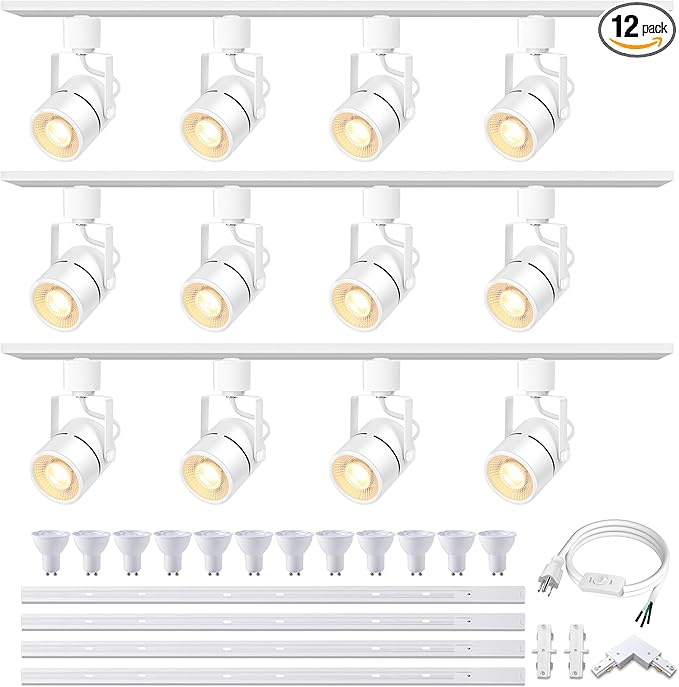 White Track Lighting Heads Kits, Dimmable 12-Light GU10 LED Track Lights Extended 14.76Ft H Type Track Rails 10W 3000K Natural Light Ceiling Spotlight Fixture with Replaceable GU10 LED Bulbs