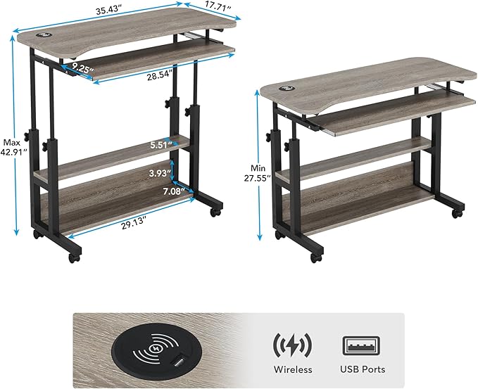 Tribesigns Portable Desk with Power Outlets, Height Adjustable Side Table Sofa Couch Bedside Laptop Computer Cart with USB Charging Ports, Mobile Small Standing Desk with Keyboard Tray