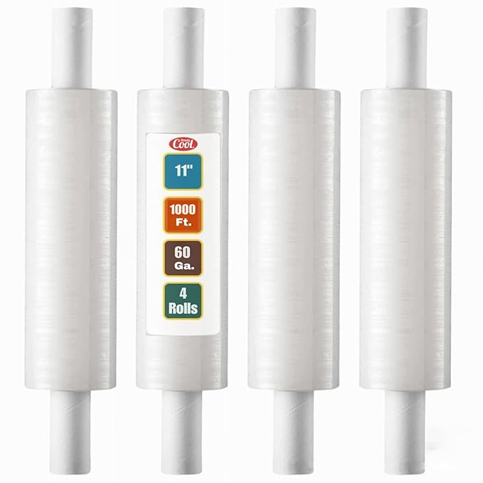 Stretch Wrap with Handle Industrial Strength 4 Pack 11" x 1000 Ft 60 Gauge Thick (15 Micron) Shrink Wrap Roll for Moving Supplies, Furniture, Pallets, Plastic Wrap for Packing, Heavy Duty Stretch Film