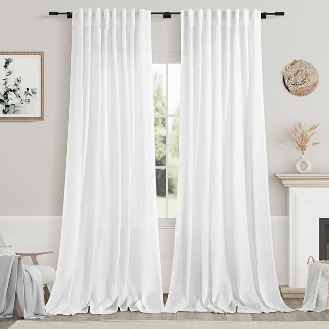 White Linen 102 Inch Long Curtains for Living Room 2 Panels Back Tab Rod Pocket White Semi Sheer Extra Long Curtains Linen Soft Material Light Filtering Window Panel Drapes for Dining Room 60x102