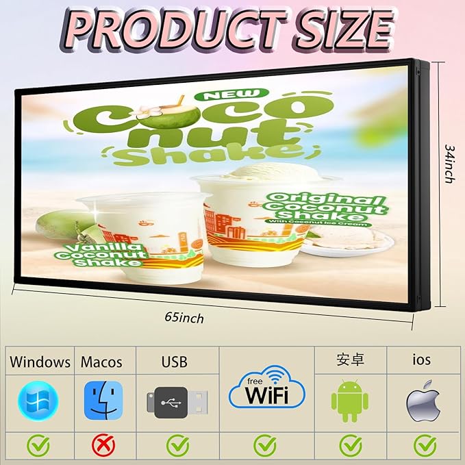 P5 Programmable Outdoor LED Business Sign 65"x34" P5 IP65 Waterproof, WiFi USB Control for Scrolling Text Image Video Advertising Display