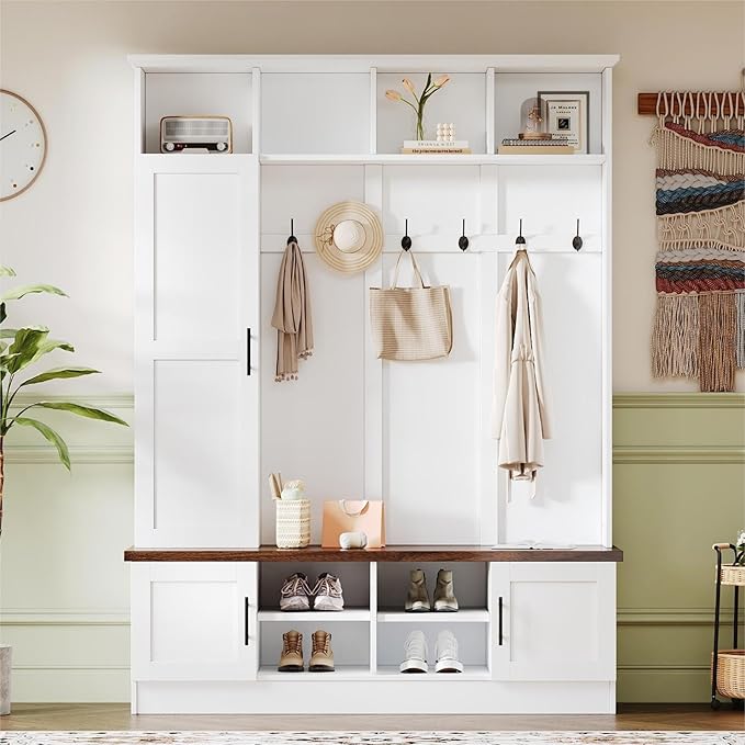 Merax Farmhouse Wood Hall Tree with 6 Hooks and Shoe Bench, Mudroom Versatile Coat Racks with Cabinets and Shelves, Entrance Organizer for Hallway White