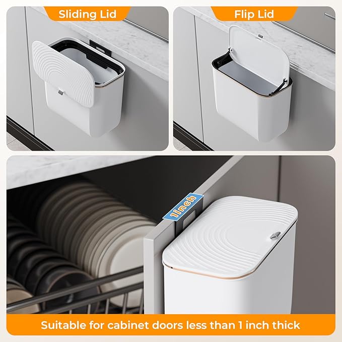 1.9 Gallon Hanging Trash Can - Small Under Sink Trash Can with Lid, Wall Mounted Garbage Bin for Kitchen & Bathroom Cupboard, Odor-Control, Extended Clamping Ring, White