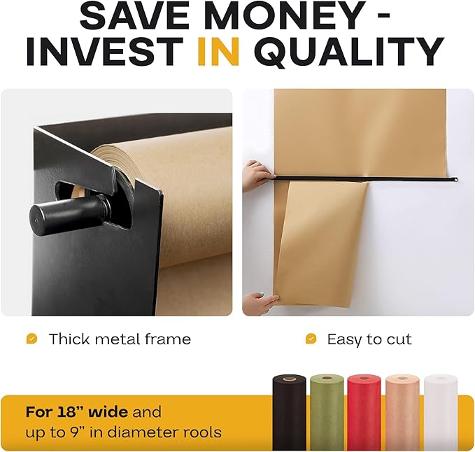 IDL Packaging 18" Wall Mounted Kraft Paper Roll Dispenser & Cutter for Rolls up to 18" Wide and 9" in Diameter - Durable Paper Holder with a Serrated Blade - Wall Mount Set Included