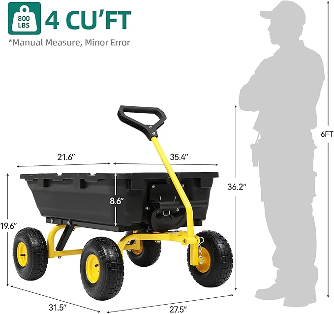 800lbs Garden Dump Cart, Heavy Duty Yard Dump Wagon with 10" Pneumatic Tires, Utility Wheelbarrow cart for Yard, Farm and Garden Daily Hauling, Ideal
