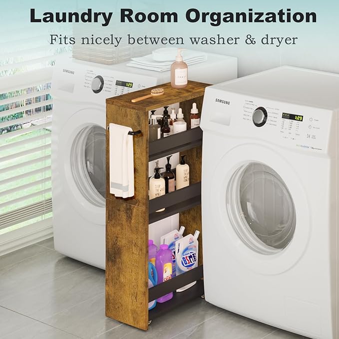 MARTY Rolling Storage Cart 7.9" W, 4-Tier Narrow Kitchen Cart with Wheels Handle, Slim Storage Mobile Shelving Utility Carts for Bathroom Laundry Room Organization Small Spaces(Rustic Brown)