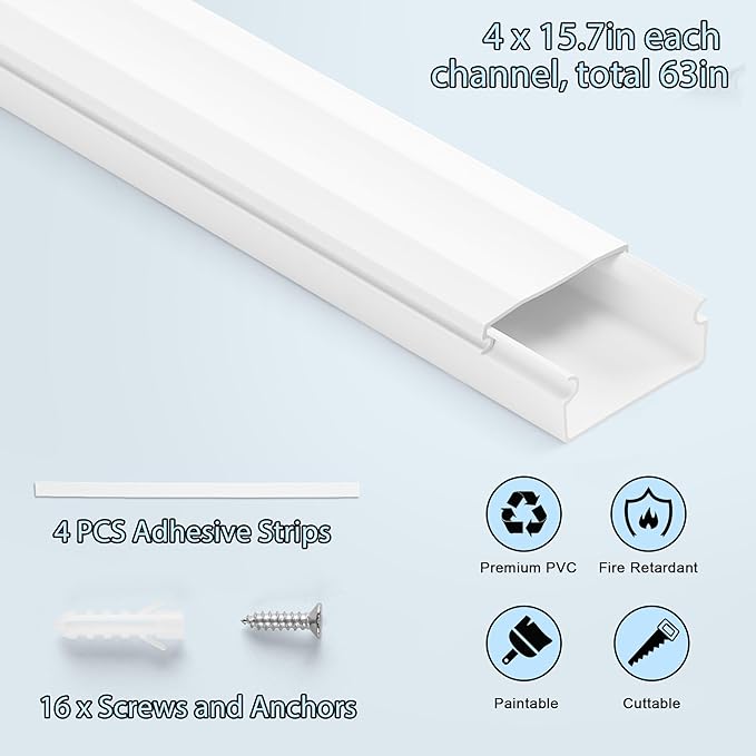 Cord Covers - 63in Paintable TV Cable Hider Kit, X-Large Cord Management System for Walls