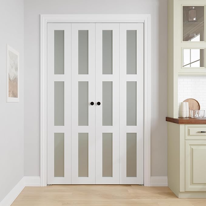 Bifold Doors for 48" x 80-3/4" Opening, 3-lite Tempered Frosted Glass Closet Folding Doors with Hardware kit Included, Easy Assembly, White