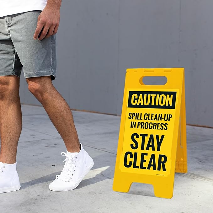 Caution Spill Cleanup in Progress Stay Clear Sidewalk Sign Kit, 10x16 Inches, with A Frame Stand, Made in USA