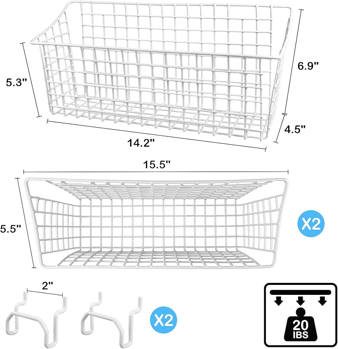 G.CORE 2 Pack Large Pegboard Baskets, Metal Shelves Hooks to 1/8" 1/4" Peg Boards, Peg Board Baskets Bins Set - Organize Tools Workbench Accessories Garage Storage Wall Mount Organizer Attachments