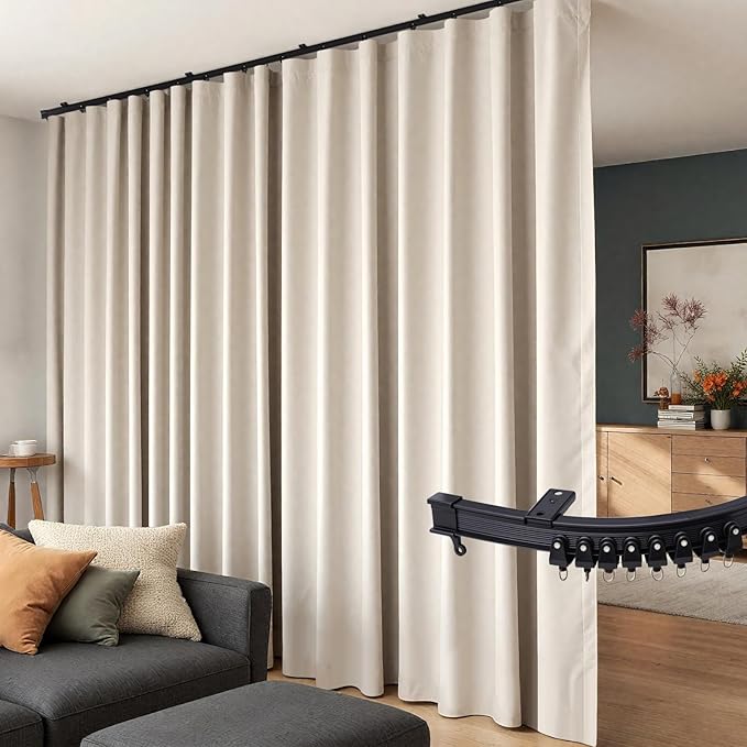 Room Divider Curtains Flexible Ceiling Tracks Set Curtain Track Ceiling Mount Blackout Curtain for Living Room Bedroom Ceiling Curtain Rod Privacy Dividers Panels W120 x H84 Beige Drape & Black Rail