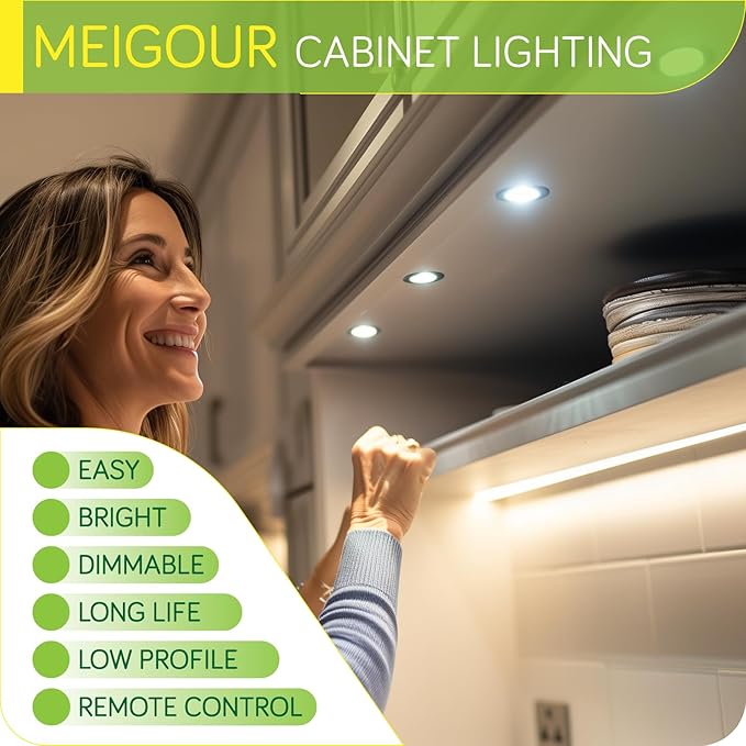 Under Cabinet LED Puck Lighting, Book Case Display Accent Lighting, Octopus Connection, 110VAC Wall Plug & Hard Wire, Inline Remote Dimmable, Cool White, 16 Lights