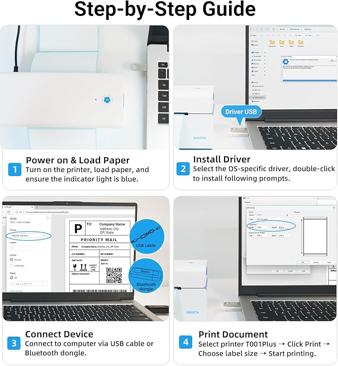ORGSTA Bluetooth Thermal Shipping Label Printer 4x6, Wireless & USB Label Printer for Small Business, Compatible with Android, iPhone, Windows, USPS, Amazon, Etsy, Shopify - T001-Plus