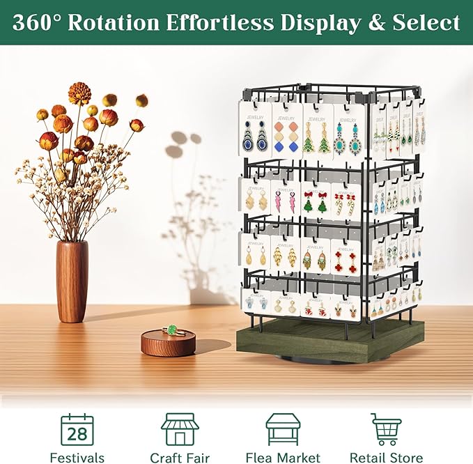 EsLuker.ly Rotating Earring Display Holder Stand for Vendors Events Selling, Large Capacity 64 Hooks Jewelry Rack with Wooden Base for Earring Card Sales, Enhances Retail Visibility(Rustic Gray)