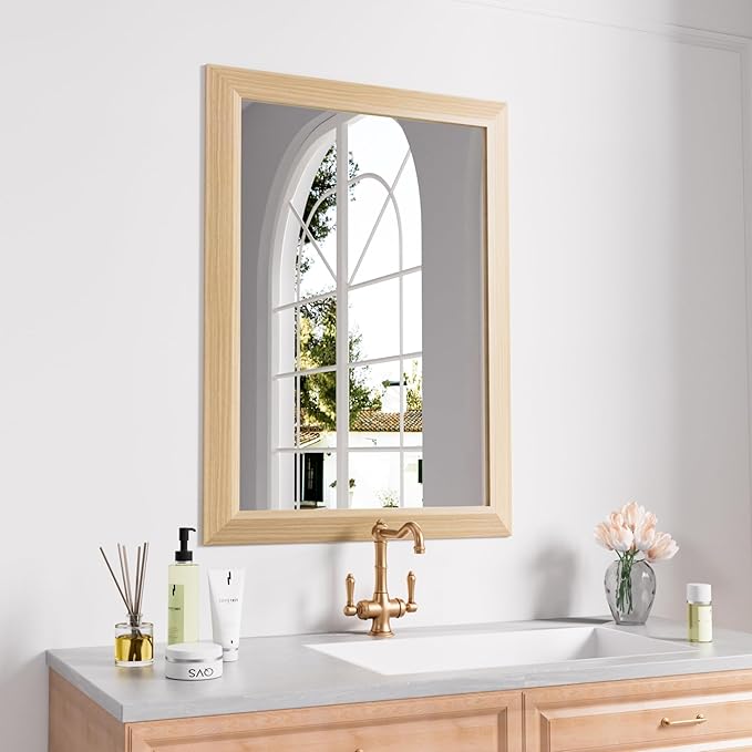 Amorho Bathroom Mirror for Wall, 22" X30" HD Reflection Metal Framed Mirror, Anti-Rust, Hang Horizontally/Vertically, Suitable for Bedroom, Farmhouse, Bathroom, entryway (Oak Wood Grain)