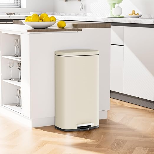 Arlopu 8/13.2 Gallon Step Trash Can, Stainless Steel Garbage Bin, Soft-Close Rubbish Bin with Removable Plastic Inner Bucket, Fingerprint-Proof, Lid Dustbin, Suit for Kitchen (Beige, 30L)