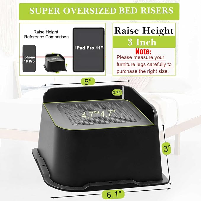 Bed Risers 2 inch, 3 inch, 4 inch, 6 inch, 8 inch Heavy Duty, Oversized Furniture Riser for Couch Sofa Table Chair Leg Frame Dorm, Support up to 6000 Lbs (Black 8 Pack, 3 inch)