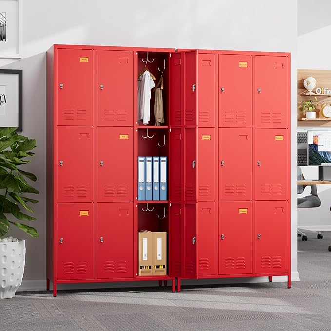 Aobabo New 9 Doors Metal Storage Locker for Employees, Lockable Steel Locker with Name Card Slot and 27 Hooks for School Office Gym Garage, Red, Assembly Required