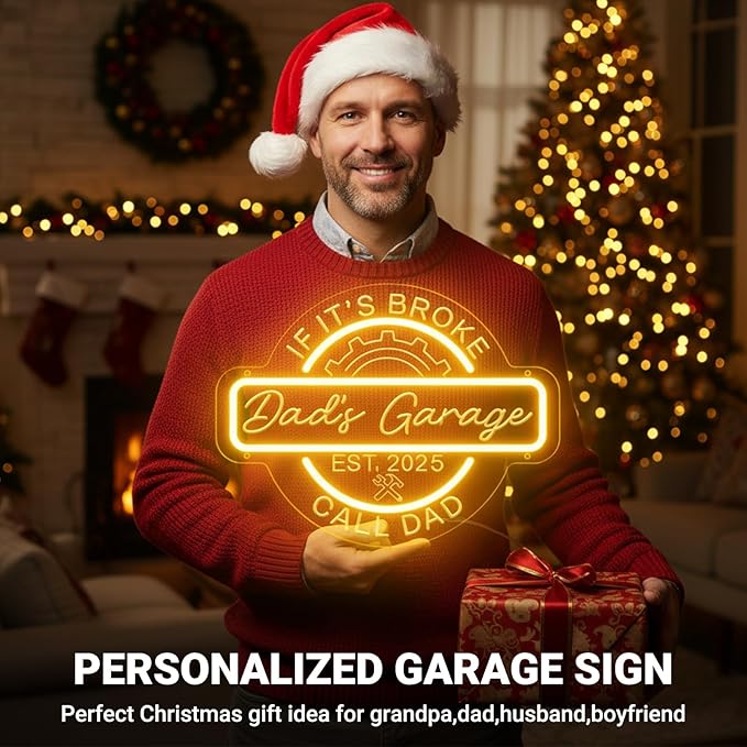 Personalized Garage Neon Sign for Wall Decor, Custom 3D Engraved Round LED Gear Garage Name Sign with Remote,Customized Dimmable Neon Lights for Garage, Workshop, Carport, Man Cave,Gifts for Men Dad