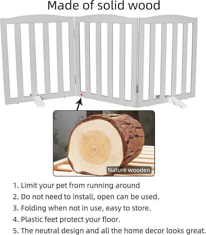 Freestanding Dog Gate Indoor,Doggie Gate Foldable Pet Gates for Doorways,Stairs or Hallways, Wooden Grey Pet Gate for The House, Pet Fence with Support Feet Included,32 "Height-3 Panels