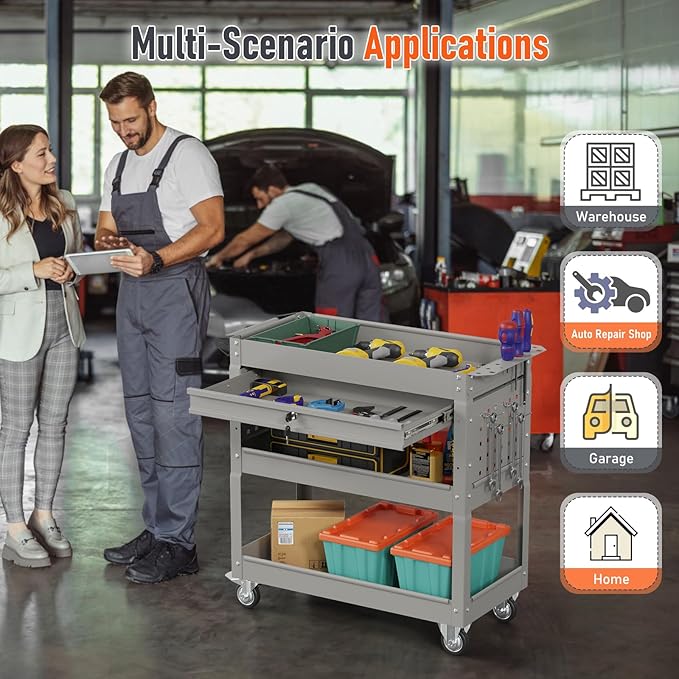 3 Tier Rolling Tool Cart, Heavy Duty Tool Cart on Wheels for Mechanics,400 LBS Tool Cart with Drawers for Garage, Warehouse & Repair Shop (Gray)