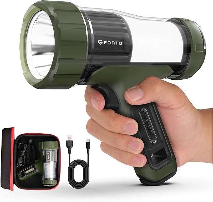 FORTO Rechargeable Spotlight, IPX8 Waterproof 40 ft Depth, 420m Beam Distance, 3000 Lumens and 45000 Candela Spot Light, Foldable Hook, for Hiking, Emergency, Camping, Hunting (Green-Base)