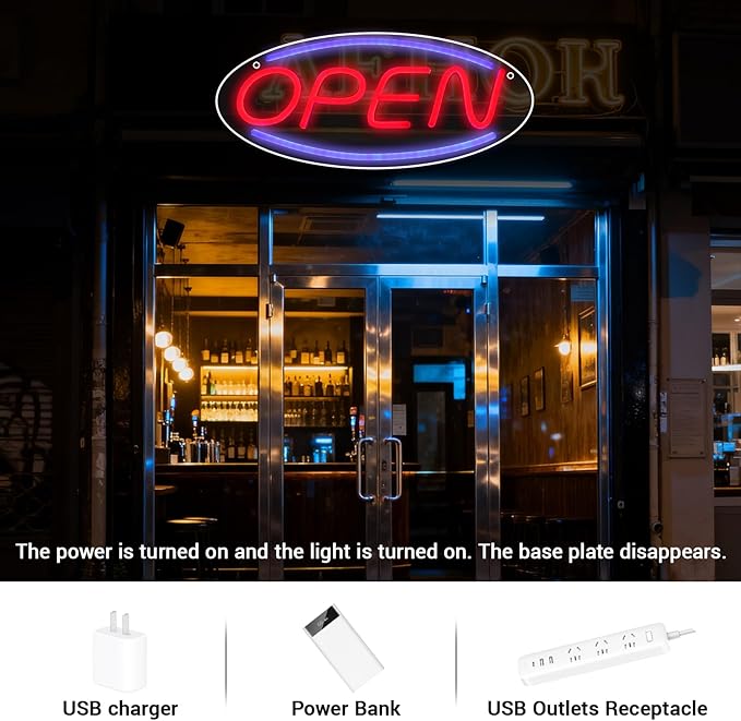 LED Open Sign 13.8"x5.9" for Shop/Bar/Salon Window/Door, Neon Open Sign, Colorful Strip, USB Powered, Transparent Backboard, Hooks/Screws/Chain