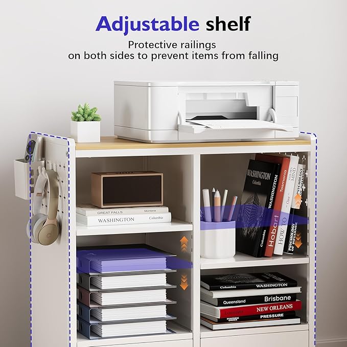 TOOLF 2-Drawer Mobile File Cabinet with Wheels, MDF Wooden Panel Printer Stand with Adjustable Shelves, 2 Storage Bins & 4 Hooks, Home Office Organization, White