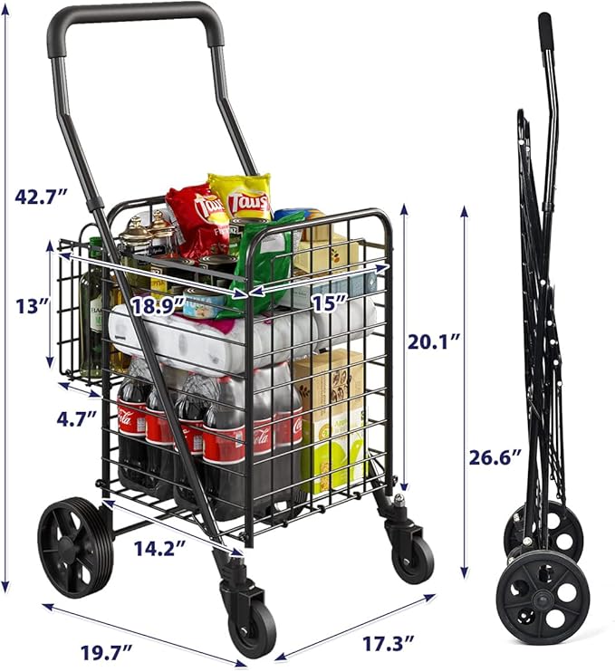 siffler Shopping Cart for Groceries, Height Adjustable Folding Utility Cart with Double Baskets, Extended Foam Cover 360° Swivel Wheels Trolley for Groceries, Laundry, Travel (Medium)
