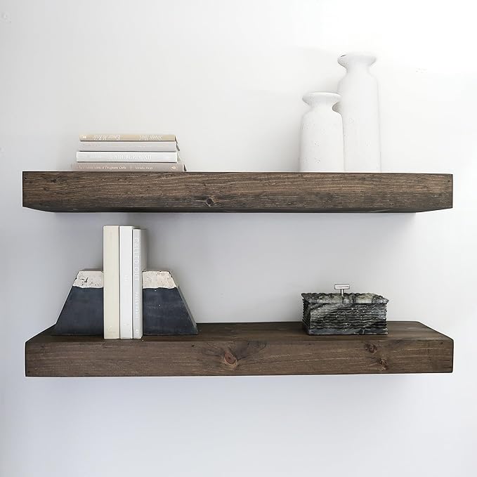 Urbandi Modern Floating Shelves 3 Inches Thick for Wall, Wide Shelves for Kitchen, Living Room, Bedroom, and Bathroom, Natural Pine Wood, Rustic Wooden Shelf, (Set of 2) (Jacobean, 48Lx3Hx8D)
