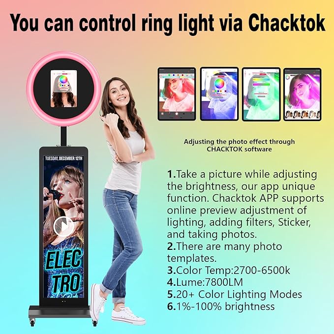 HARZHI LCD Screen Photo Booth, Compatible with Any Ipad, 1080P Intelligent Split Screen Ipad Photo Booth for Wedding Party Software APP Control Ring Light, 38'' Portable Flight Case Black