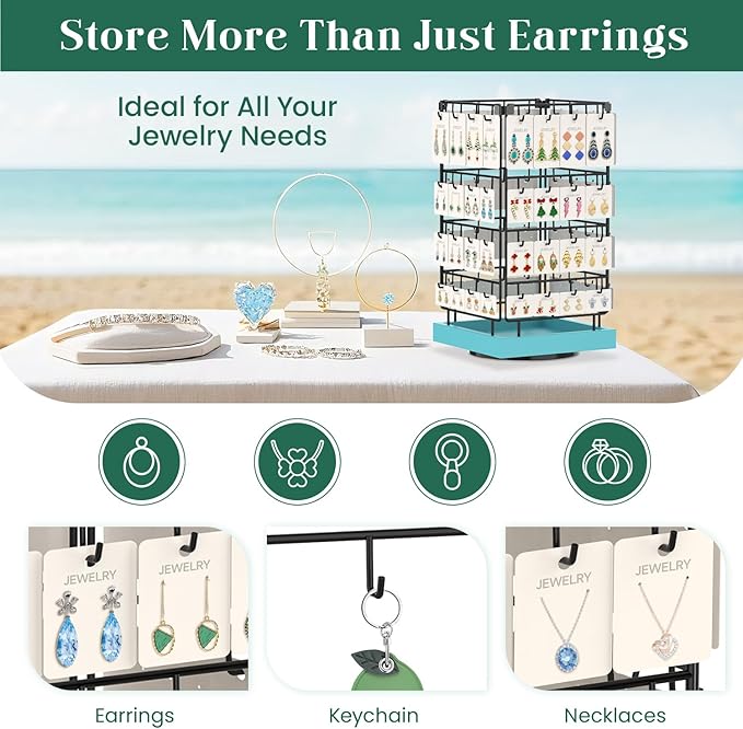 EsLuker.ly Rotating Earring Display Holder Stand for Vendors Events Selling, Large Capacity 64 Hooks Jewelry Rack with Wooden Base for Earring Card Sales, Enhances Retail Visibility (Blue)