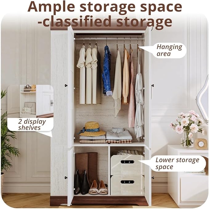 IRONCK Armoire Wardrobe Closet with Side Half Mirror, 70" Freestanding 4-Door Storage Cabinet for Bedroom, Features Side Hooks, Open Compartments, Hanging Rod & Shelves, White Armoire