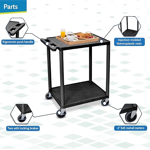LUXOR HE32-B Utility Cart - Two Shelves Structural Foam Plastic, Multipurpose Utility Cart, Four Heavy-Duty 4" Casters, Two with Locking Brake, 300 lbs., 24"W x 18"D x 33.25"H