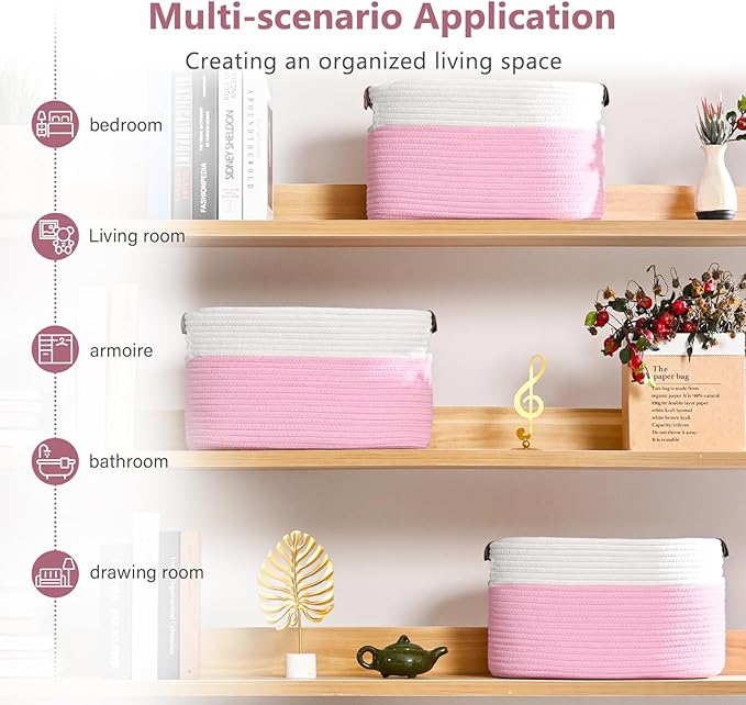 Cotton Rope Basket, Storage Baskets with Handle, 15x10x9 Inch Woven Basket for Shelves, Laundry, Towels, Clothes, Books (White/Pink 3Pack)