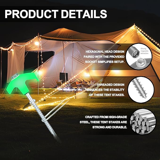 16 Pack Screw in Tent Stakes Heavy Duty,8 Inch Ground Anchors Screw in,Metal Stakes with Hex Head Driver,Camping Tent Accessories.(Luminous White)
