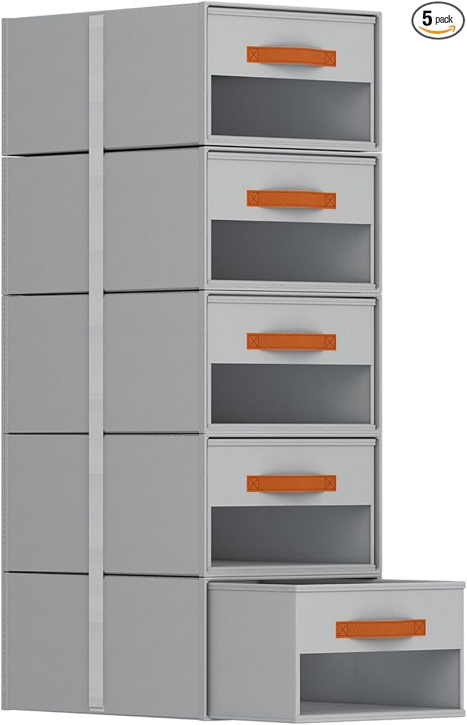 Stackable Storage Drawers - Pull Out Storage Bins with Drawers for Closet Clothes Organizers with Weekly Labels & Clear Window, Closet Shelf Storage for Bedroom, Living Room, 5 Pack, Grey