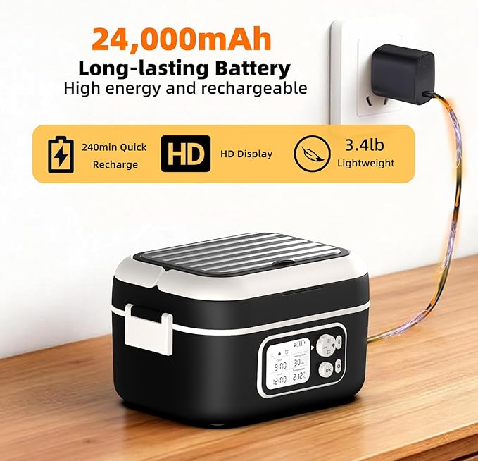 Cordless Heated Lunch Box for Men, 6.3 Cup 100W Electric Lunch Box Food Warmer with 24000mAh Battery for Self Heating, Including Cutlery, Insulated Bag and Divider for Women Adults(Black+White)