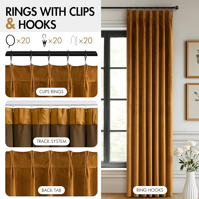 MIULEE Velvet Pinch Pleated Blackout Curtains 96 inches Long, Gold Brown Pleat Design Thermal Insulated Luxury Window Drapes for Living Room Bedroom with Hooks, Set of 2