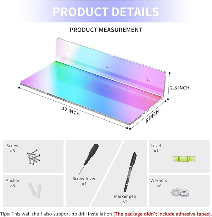 12 Inches Iridescent Acrylic Wall Shelves Set of 2, Wall Mounted Shelf for Funko Pop Shelves, Smart Speaker, Plants, Picture Frame, Digital Clock, 2 Pack