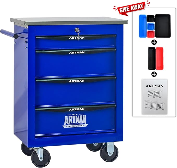 4-Drawer Heavy-Duty Rolling Tool Chest with Wheels & Steel Roof, Lockable Tool Chest Storage Cabinet for Garage, Workshop, Warehouse, and Repair Shop